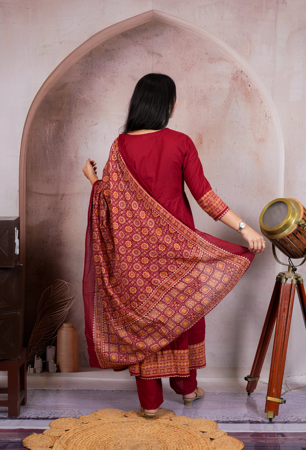 Maroon Flared Anarkali Suit Set with Ajrakh Print Dupatta