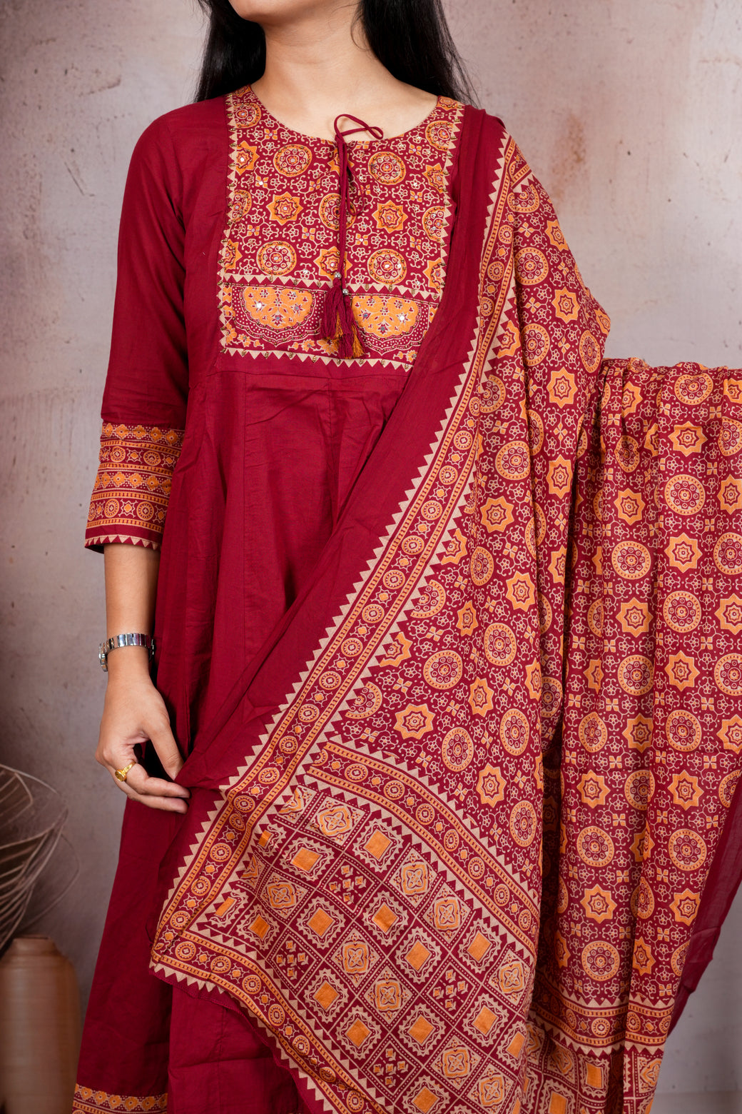 Maroon Flared Anarkali Suit Set with Ajrakh Print Dupatta