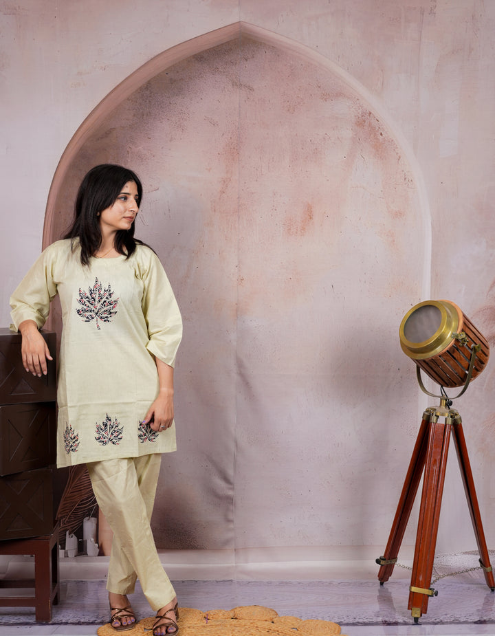 Pista Green Leaf Embroidered Cotton Silk Co-Ord Set