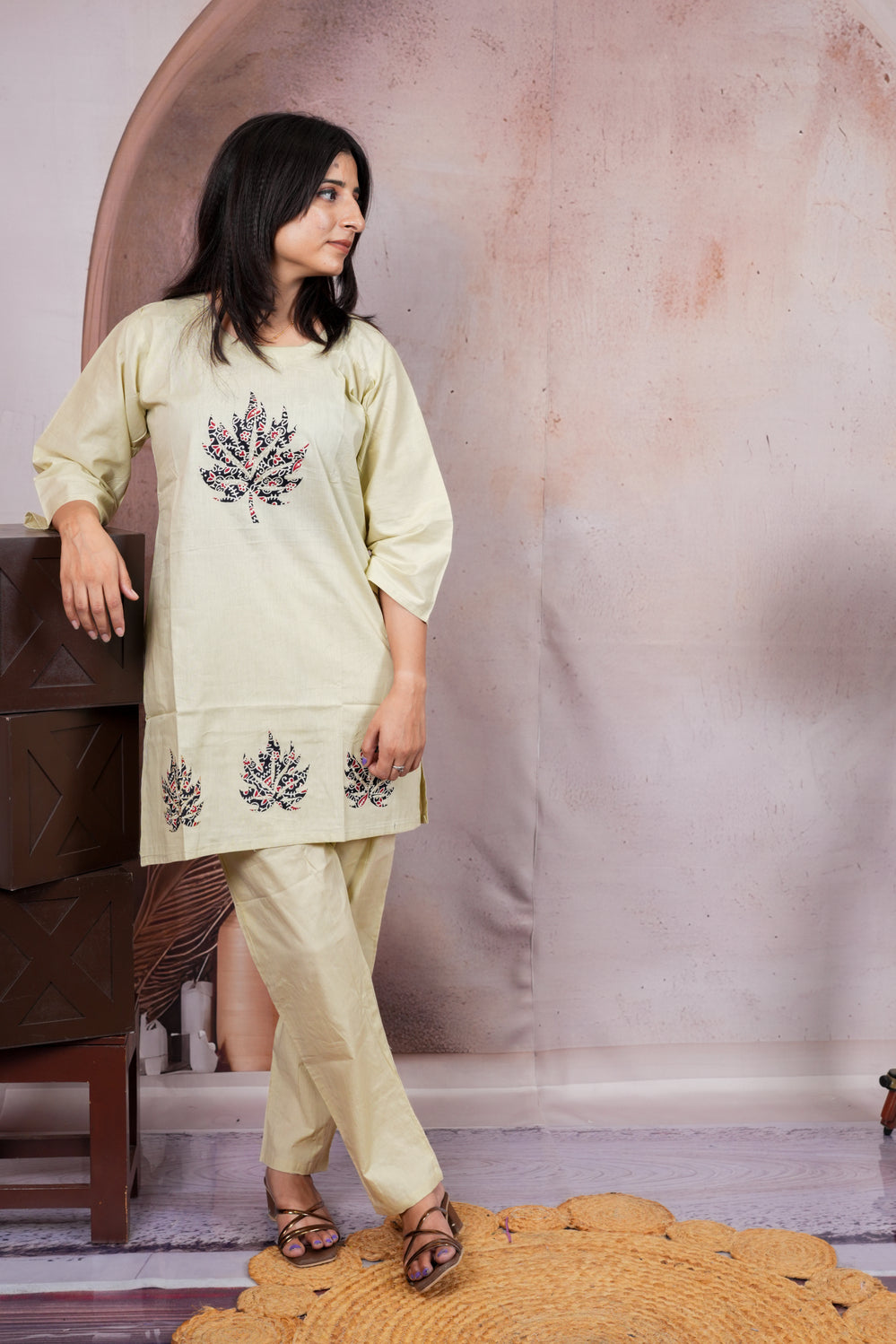 Pista Green Leaf Embroidered Cotton Silk Co-Ord Set