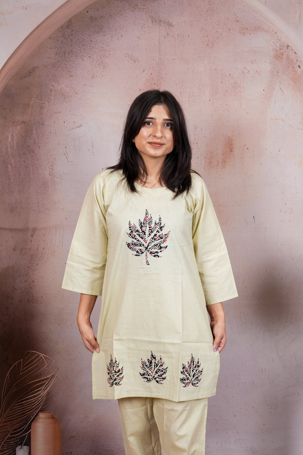 Pista Green Leaf Embroidered Cotton Silk Co-Ord Set
