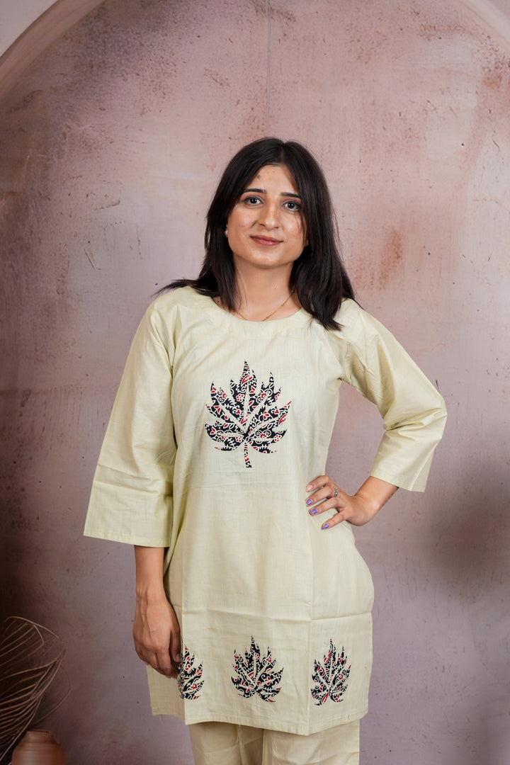 Pista Green Leaf Embroidered Cotton Silk Co-Ord Set