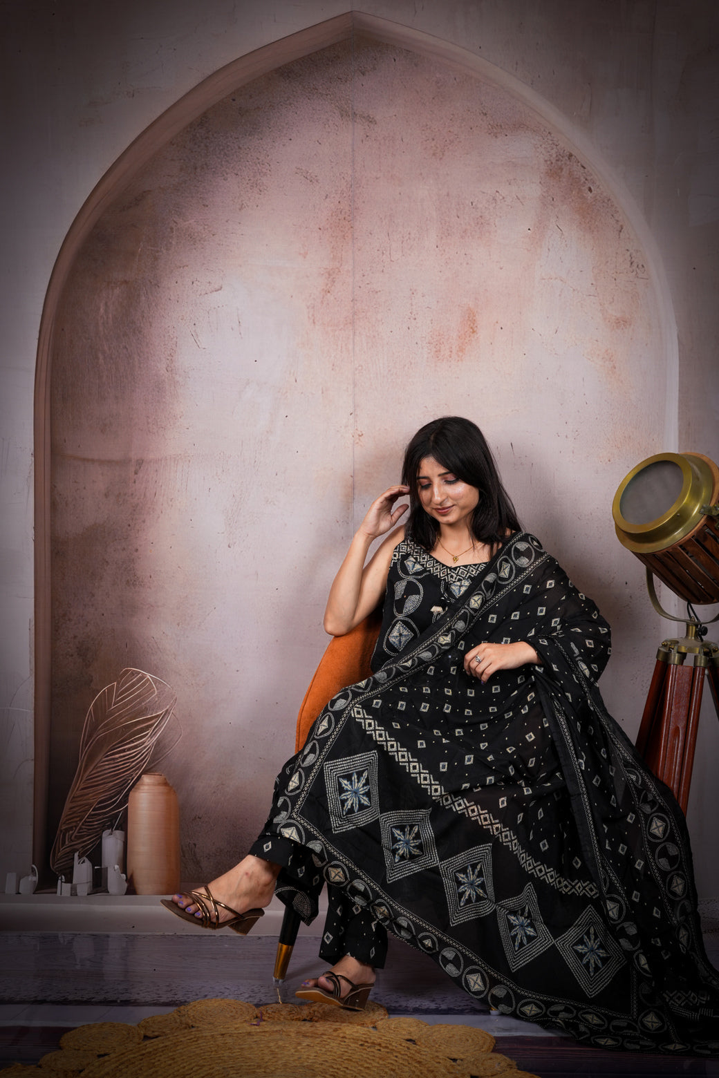 Black Ethnic Printed Pure Cotton Suit Set with Dupatta