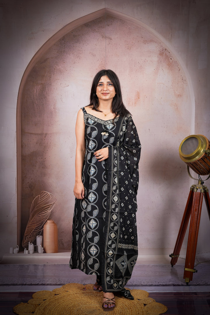 Black Ethnic Printed Pure Cotton Suit Set with Dupatta