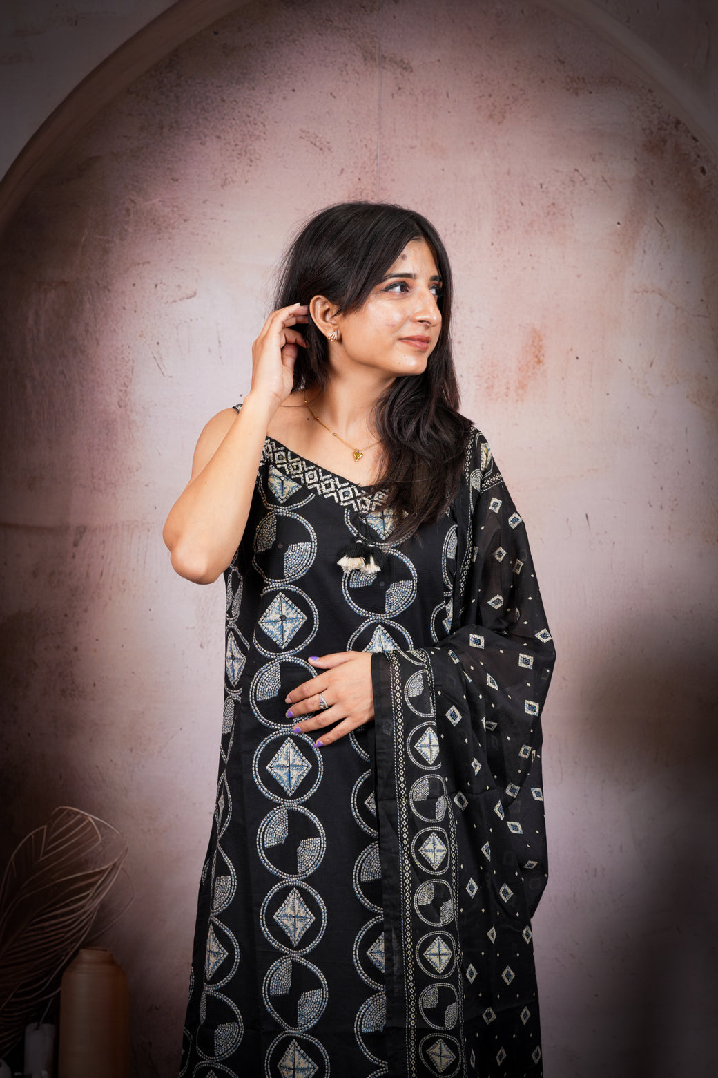 Black Ethnic Printed Pure Cotton Suit Set with Dupatta