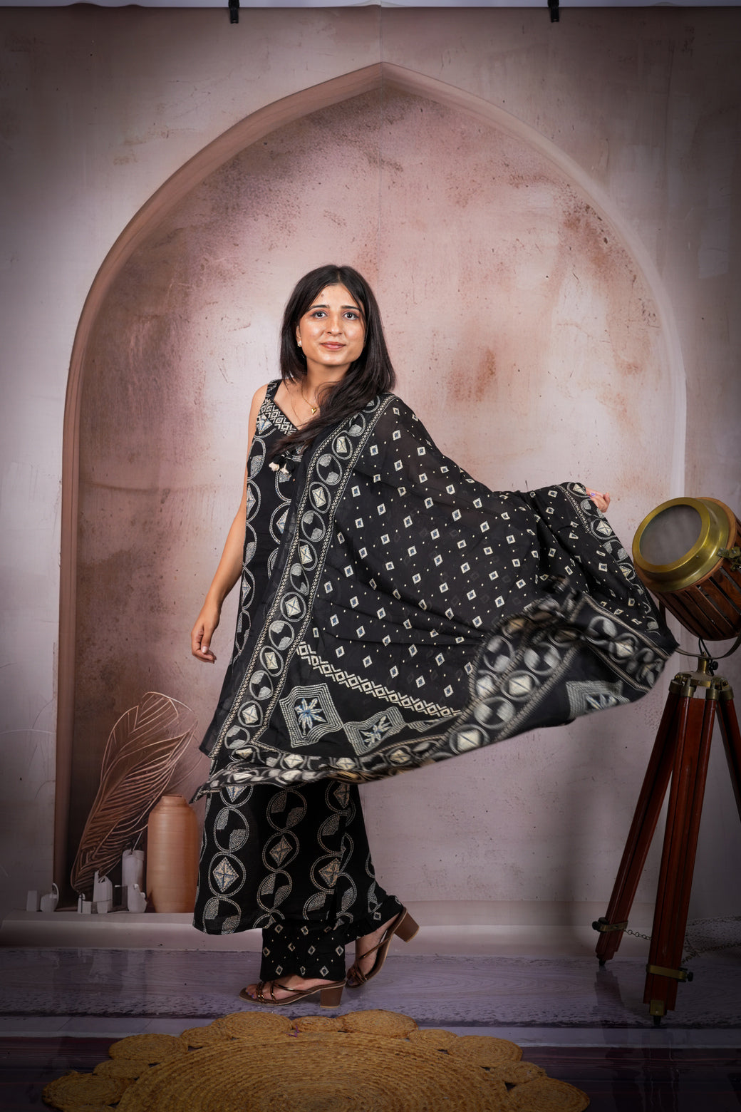 Black Ethnic Printed Pure Cotton Suit Set with Dupatta