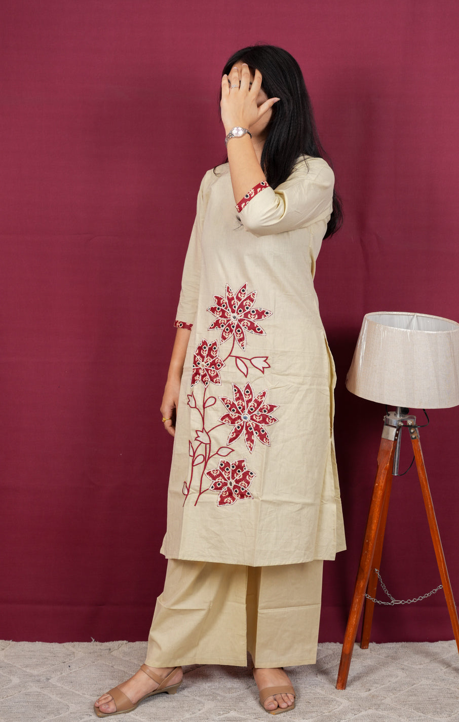 Beige Handcrafted Floral Cotton Silk Co-Ord Set