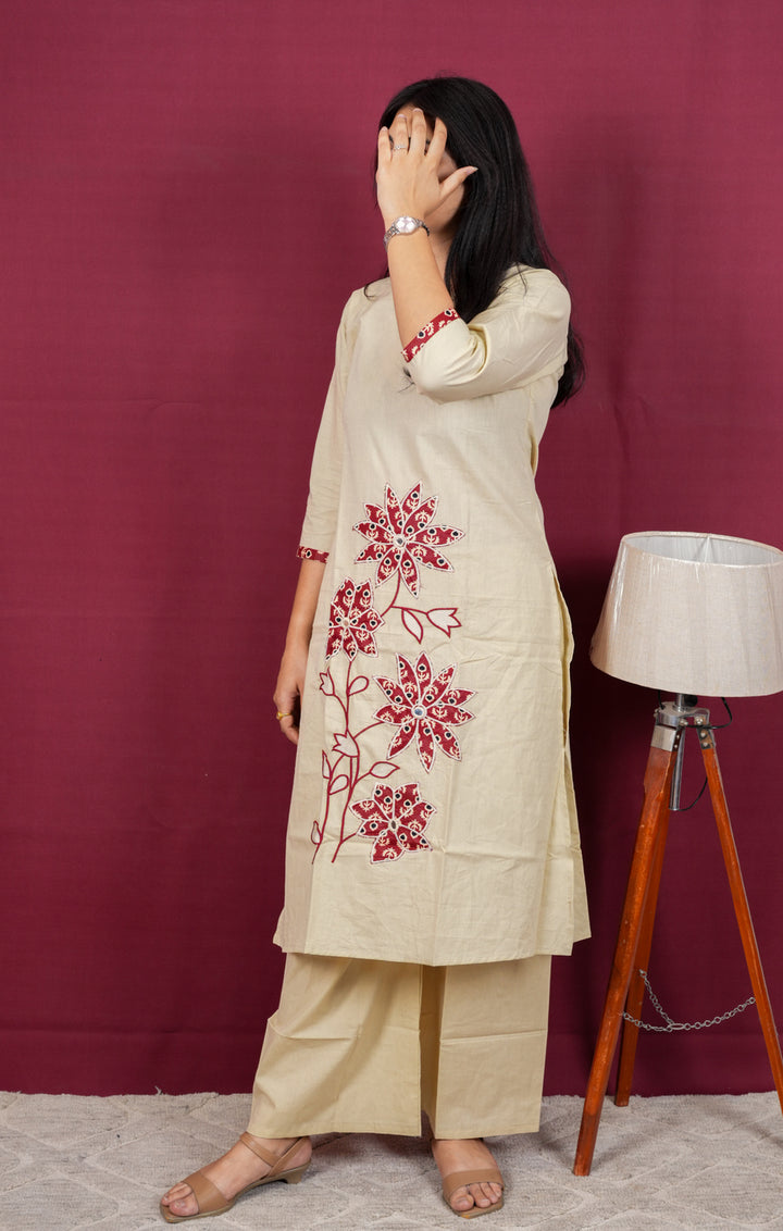 Beige Handcrafted Floral Cotton Silk Co-Ord Set