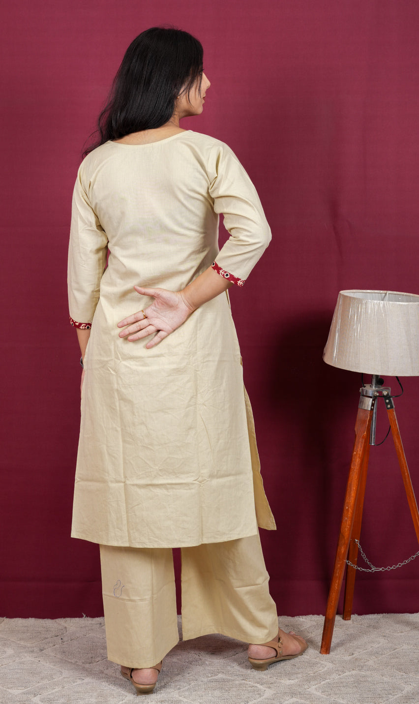 Beige Handcrafted Floral Cotton Silk Co-Ord Set