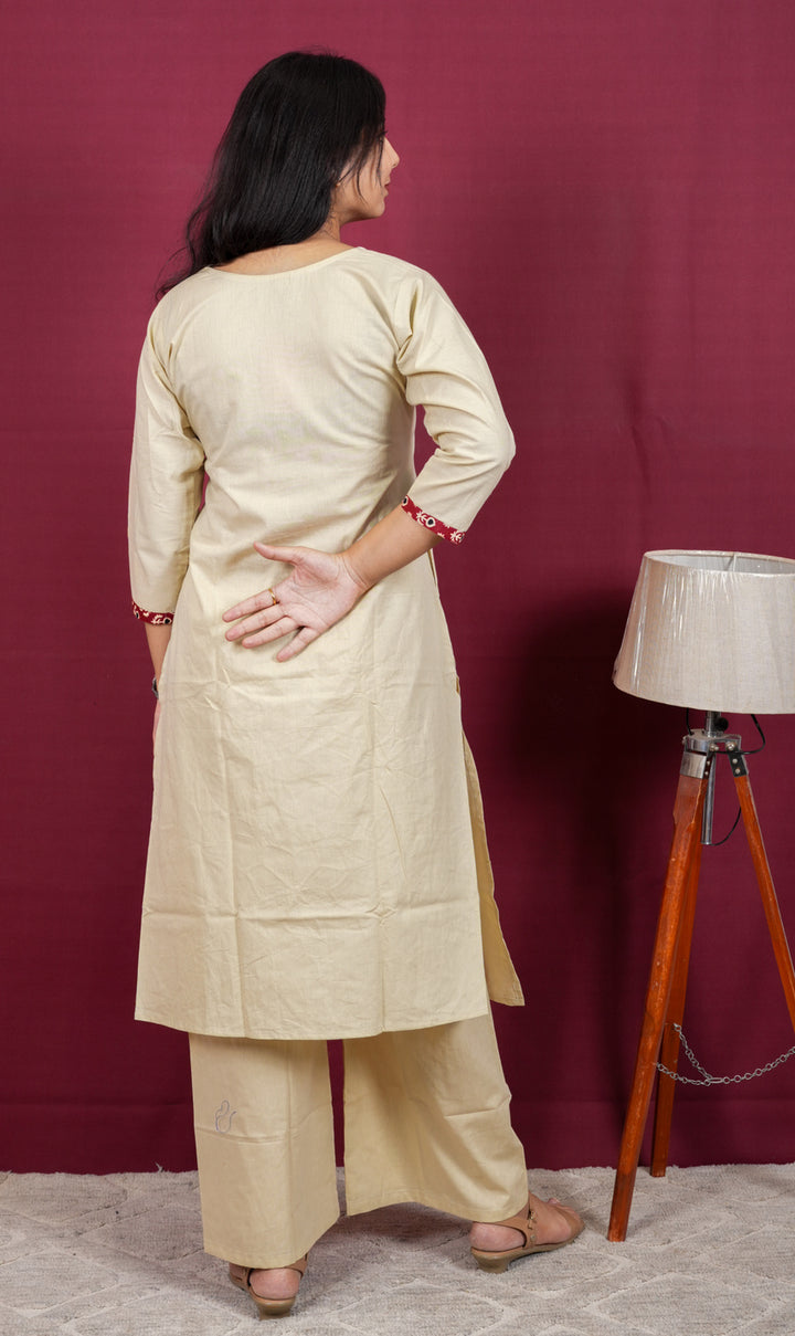 Beige Handcrafted Floral Cotton Silk Co-Ord Set