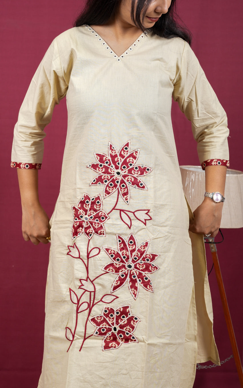 Beige Handcrafted Floral Cotton Silk Co-Ord Set