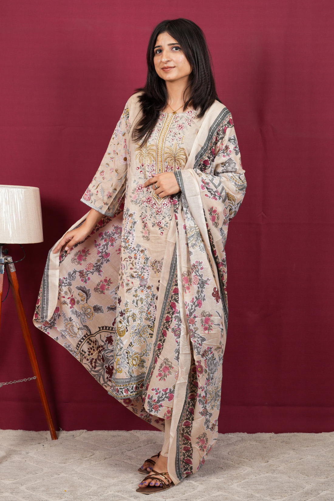 Soft Beige Floral Printed Suit Set with Premium Botanical Dupatta