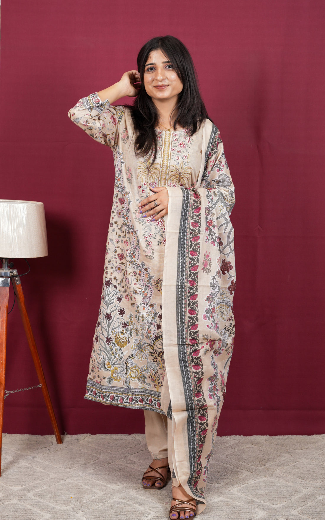 Soft Beige Floral Printed Suit Set with Premium Botanical Dupatta