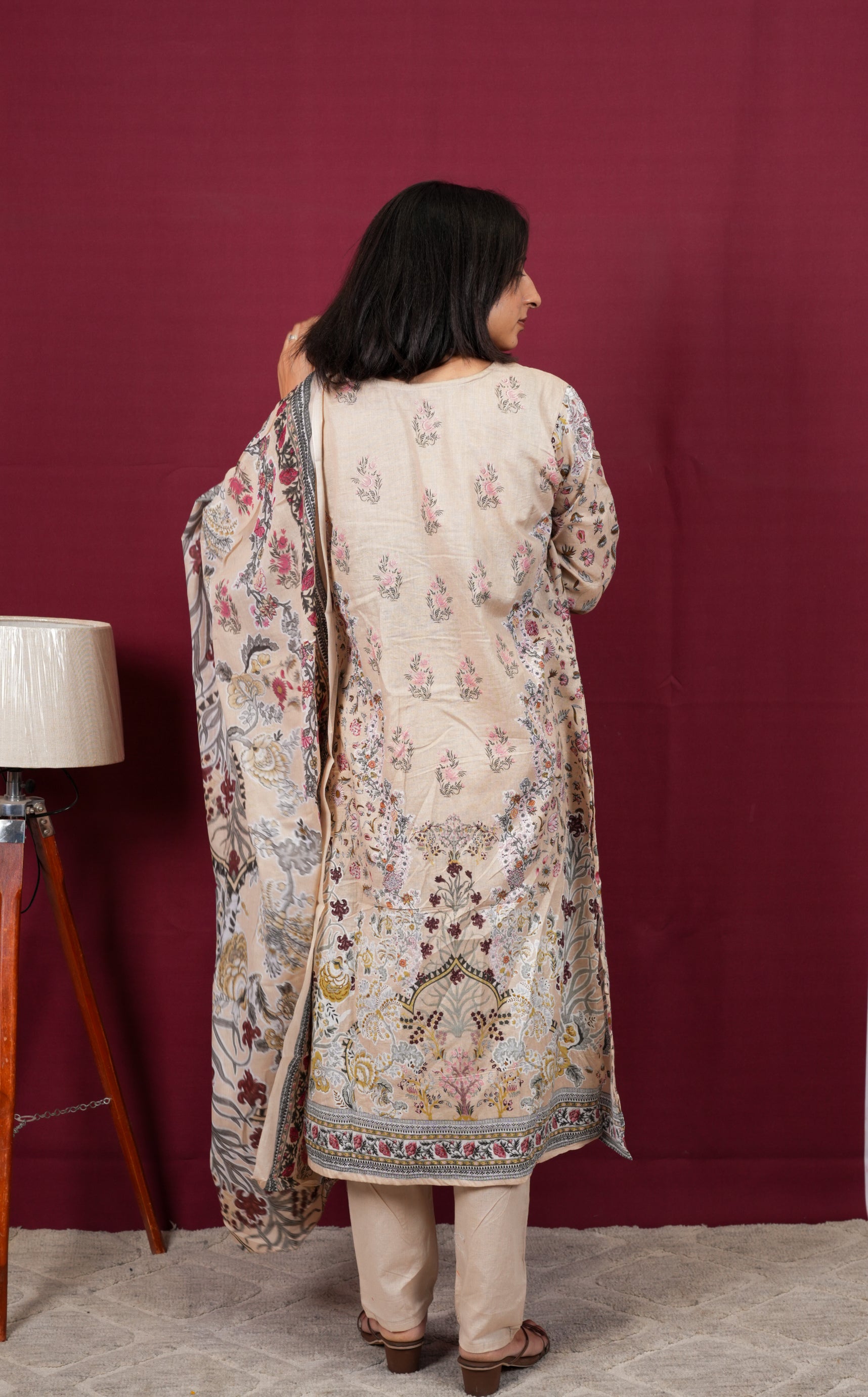 Soft Beige Floral Printed Suit Set with Premium Botanical Dupatta