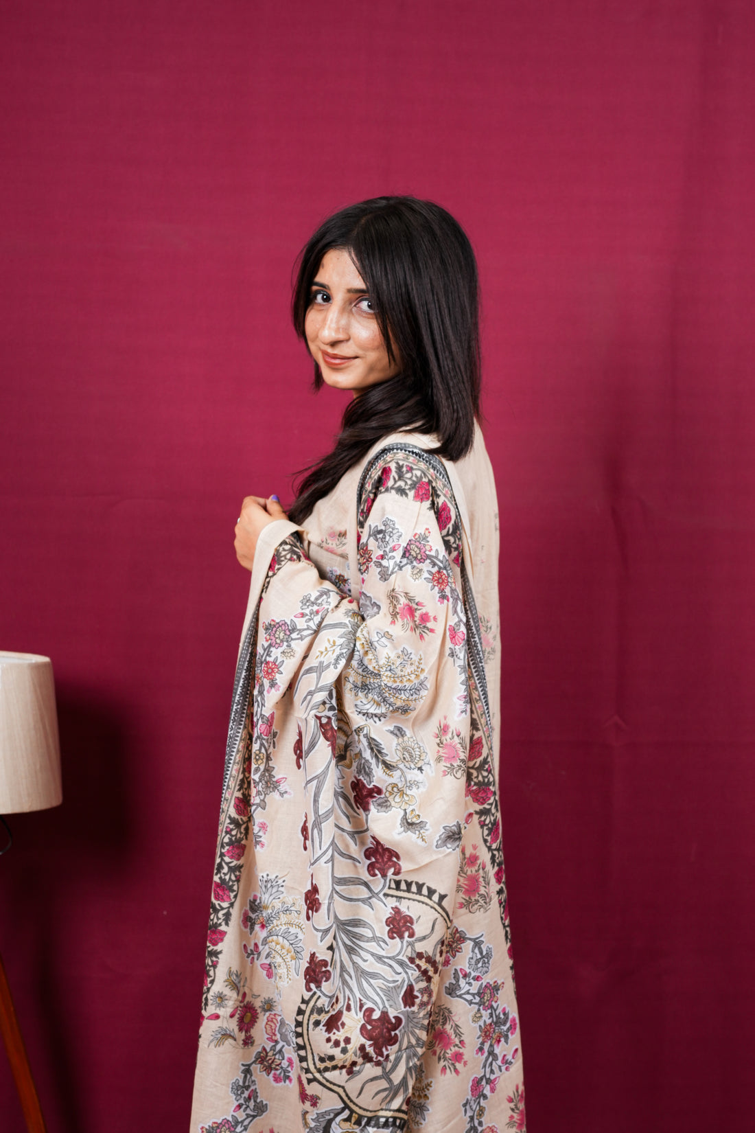 Soft Beige Floral Printed Suit Set with Premium Botanical Dupatta