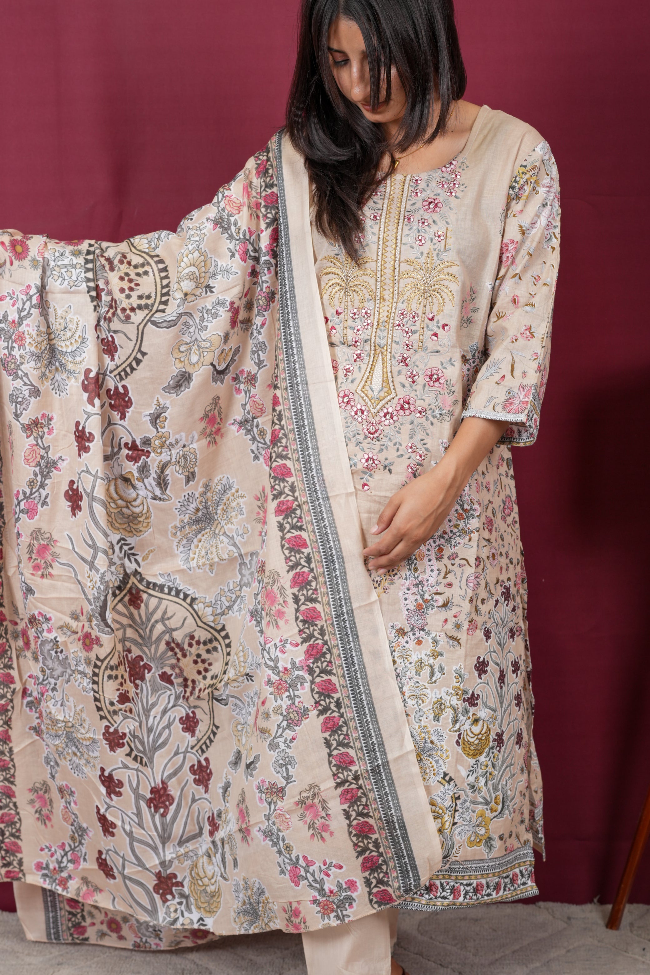 Soft Beige Floral Printed Suit Set with Premium Botanical Dupatta