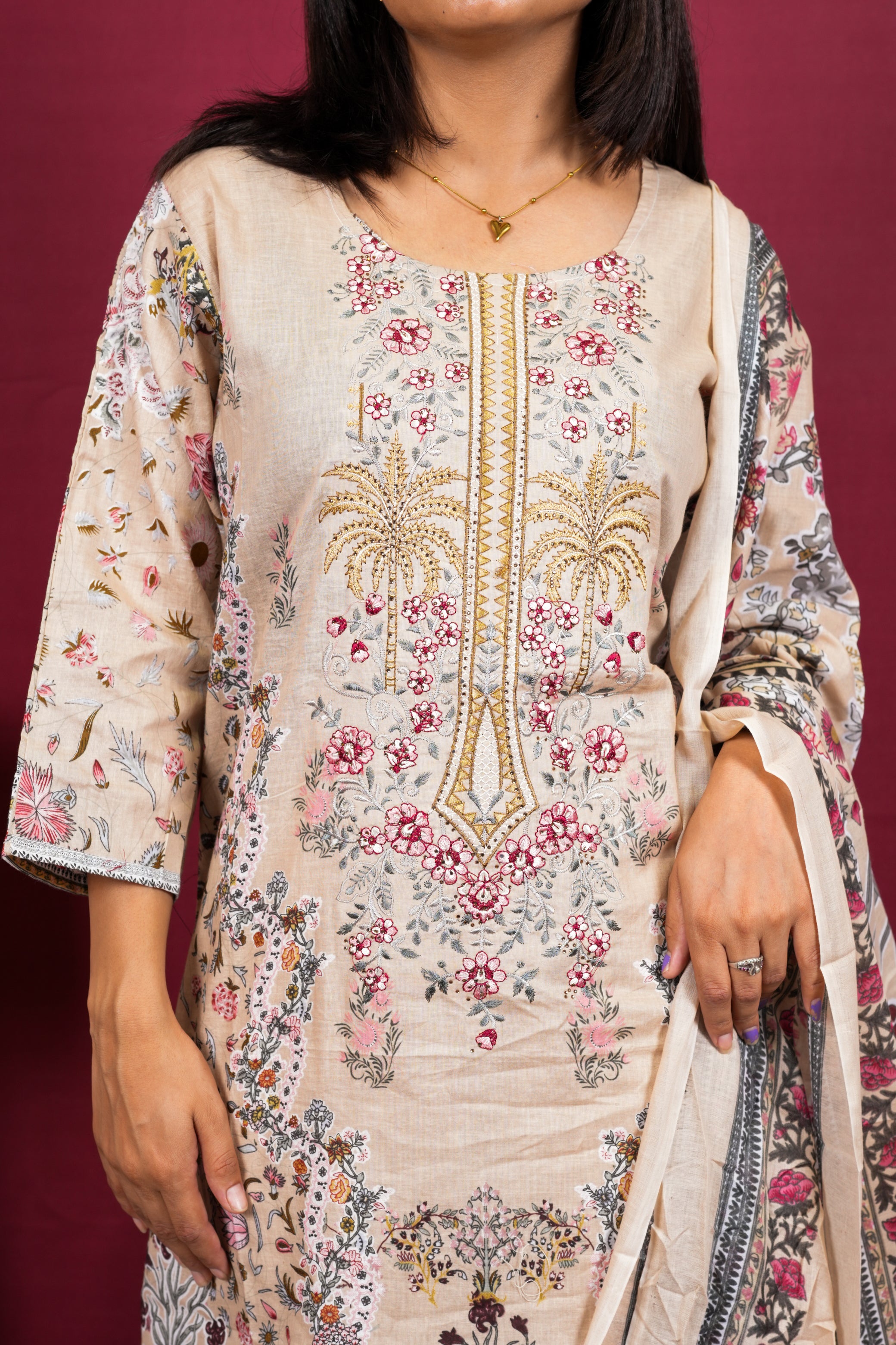 Soft Beige Floral Printed Suit Set with Premium Botanical Dupatta