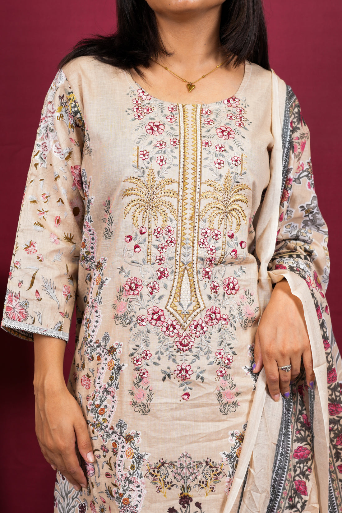 Soft Beige Floral Printed Suit Set with Premium Botanical Dupatta