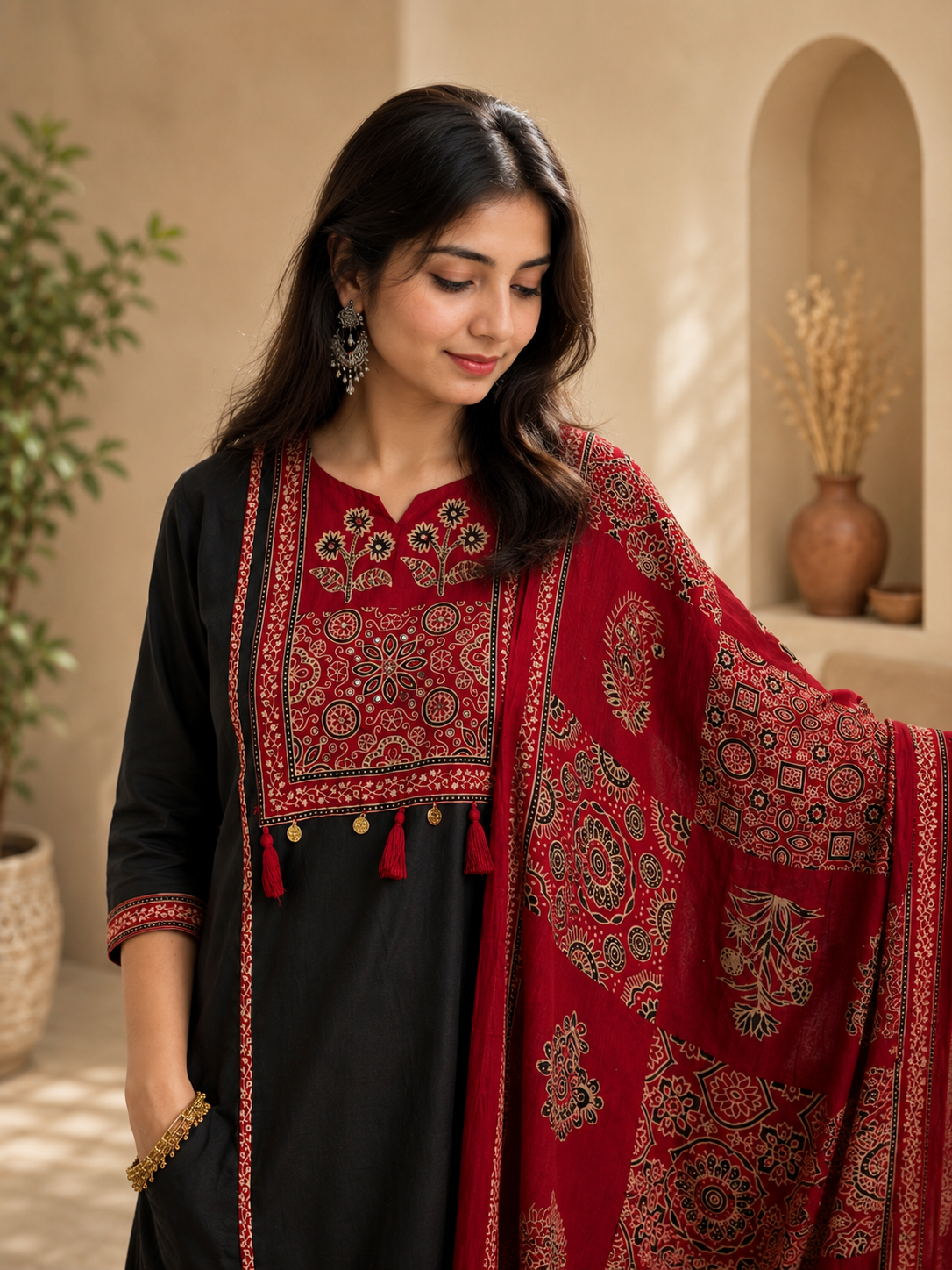 Midnight Grace Suit Set with Gracefully Printed Dupatta