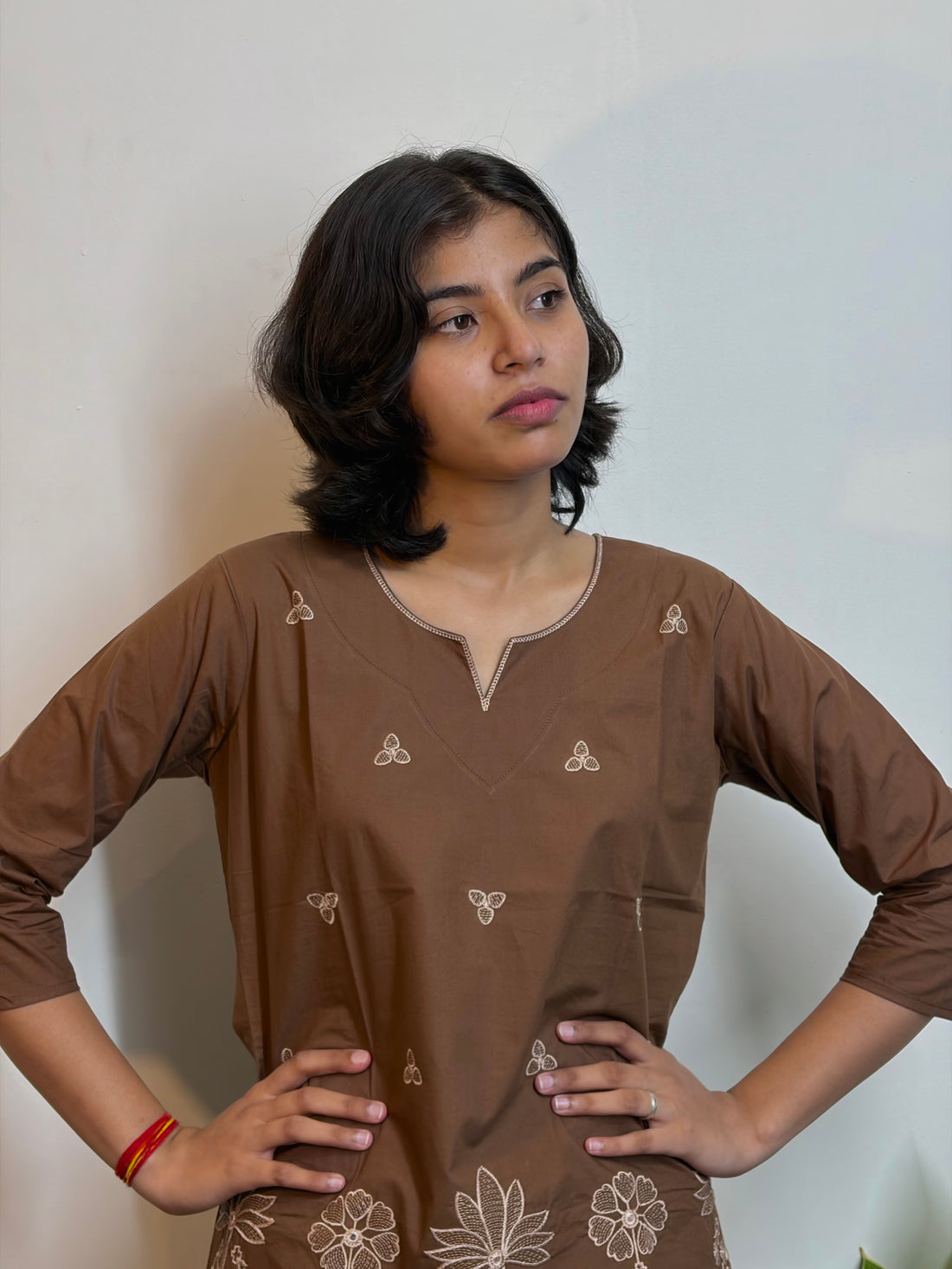 Rich Brown Cotton Kurti Adorned With White Thread Embroidery