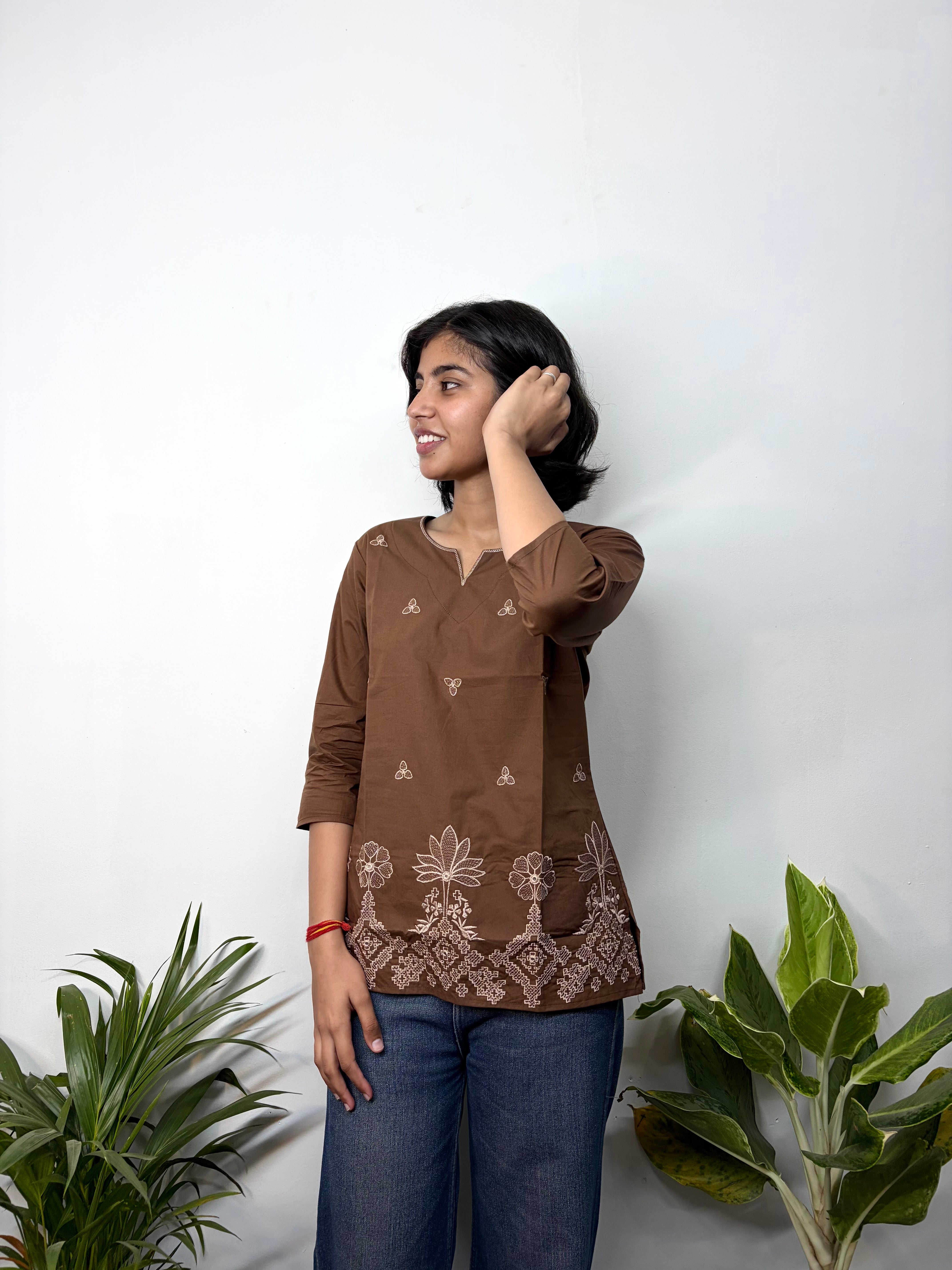 Rich Brown Cotton Kurti Adorned With White Thread Embroidery