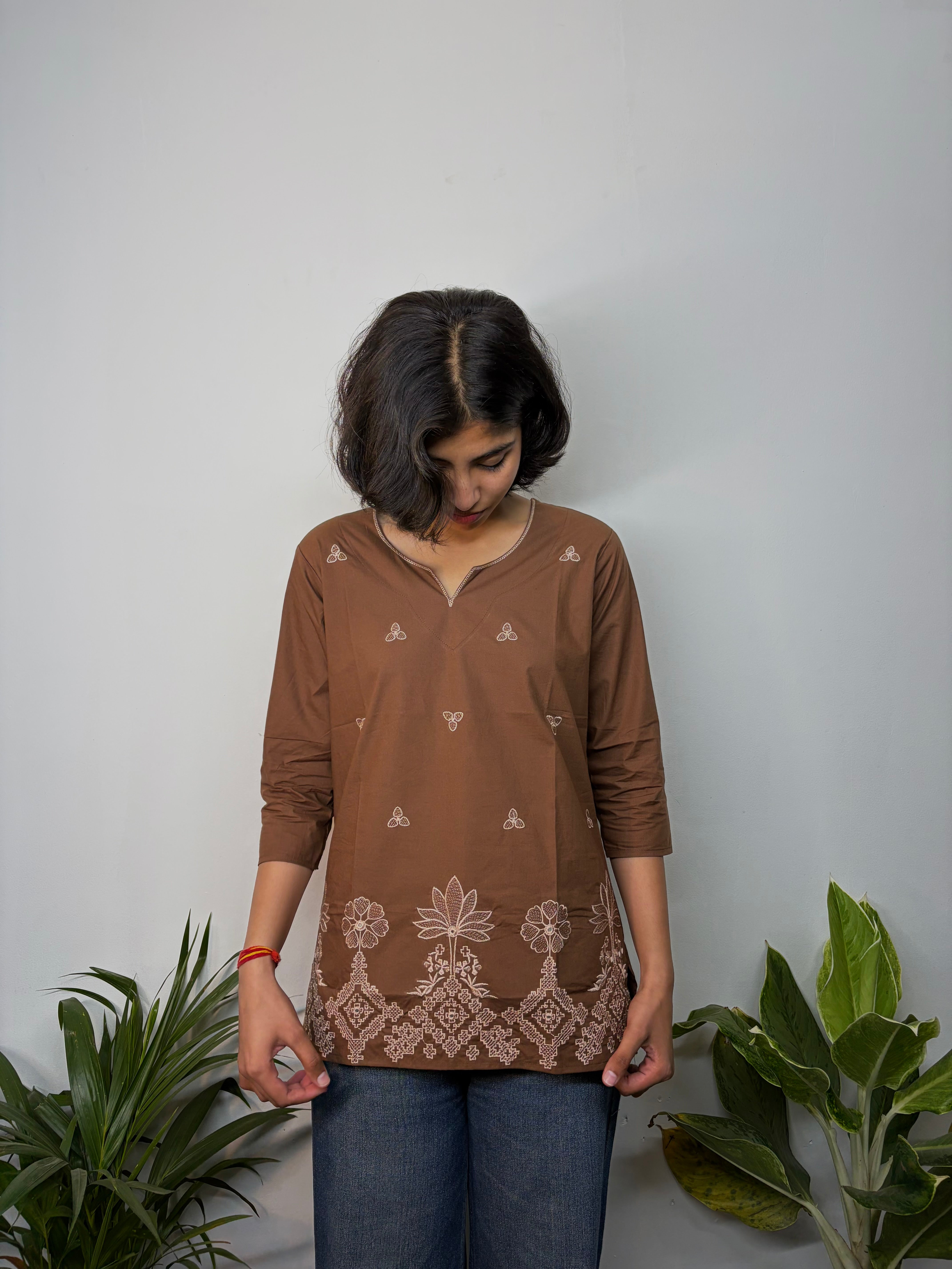 Rich Brown Cotton Kurti Adorned With White Thread Embroidery