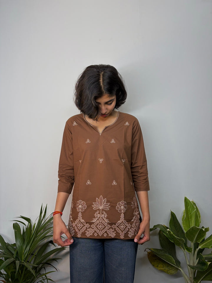 Rich Brown Cotton Kurti Adorned With White Thread Embroidery