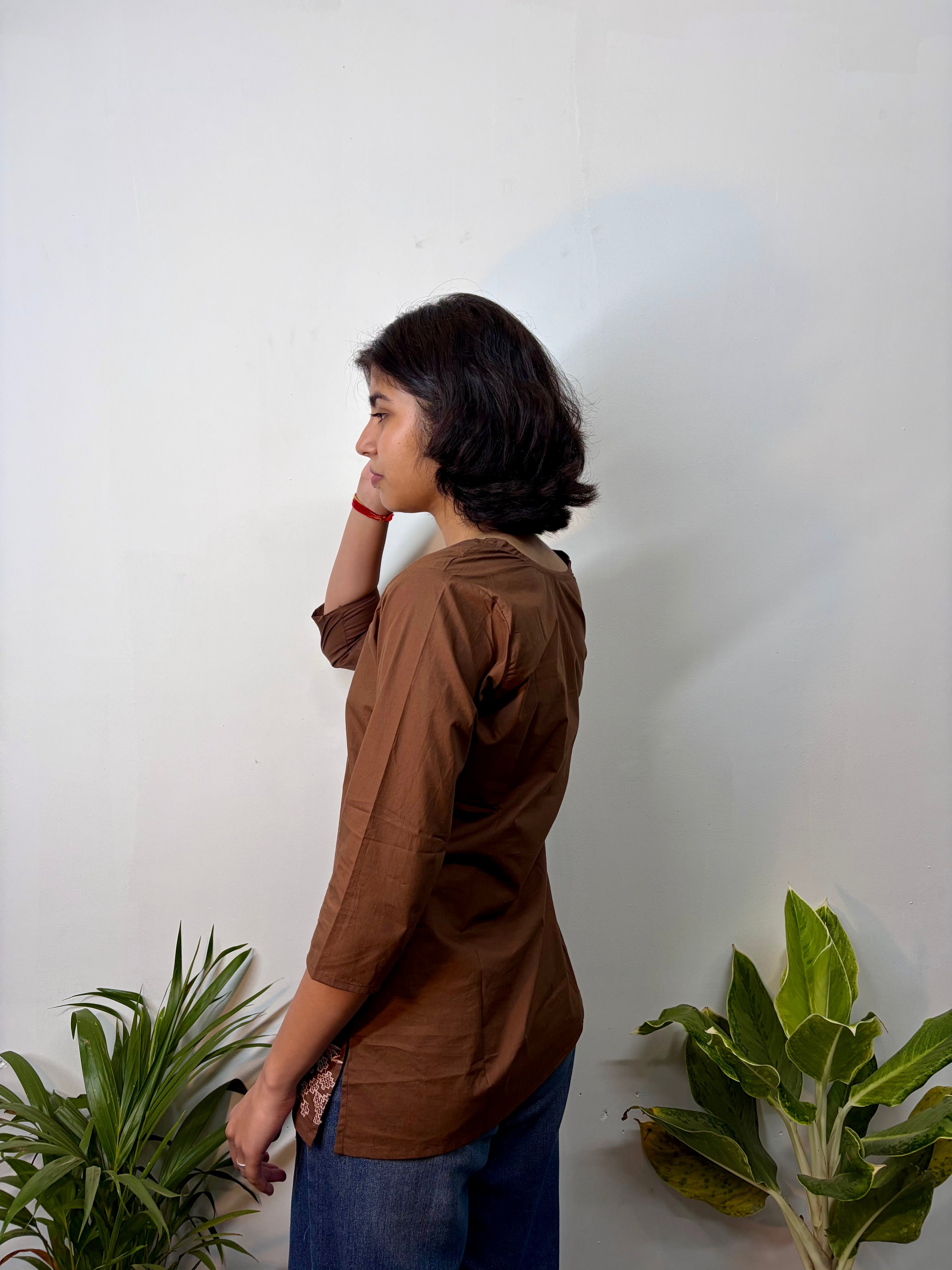 Rich Brown Cotton Kurti Adorned With White Thread Embroidery