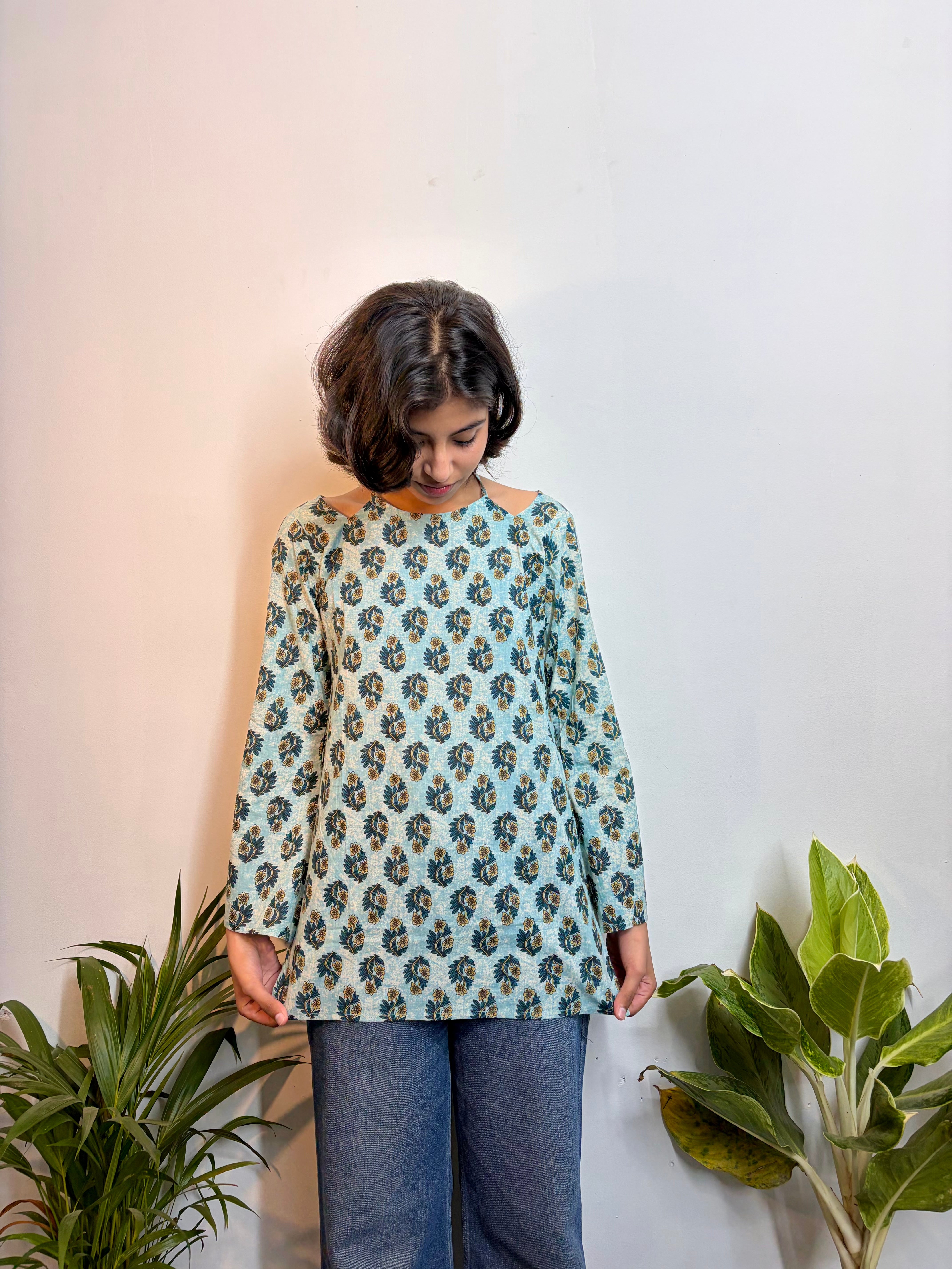 Elegant Sky Blue Floral Handblock Printed Pure Cotton Kurti