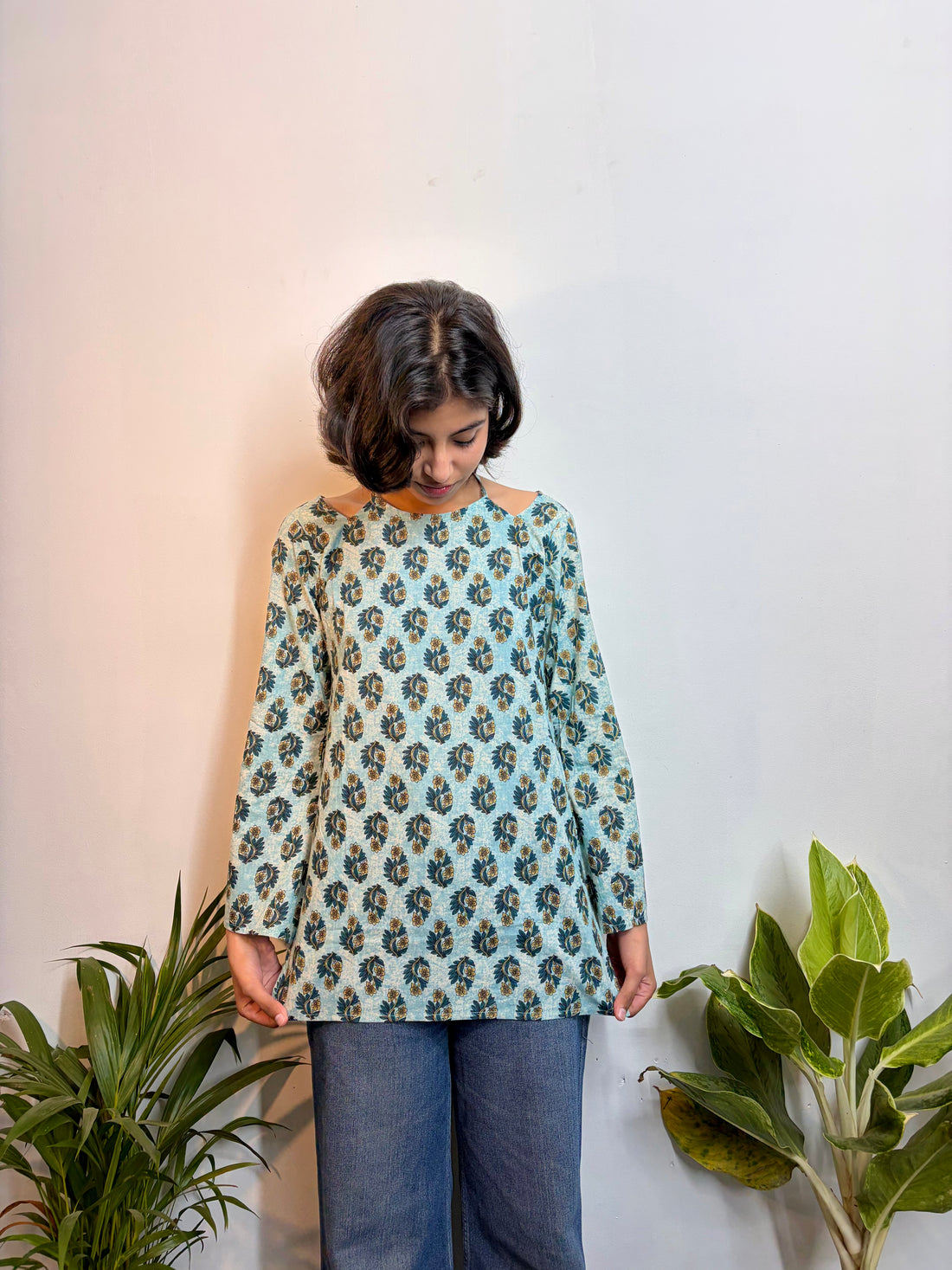 Elegant Sky Blue Floral Handblock Printed Pure Cotton Kurti