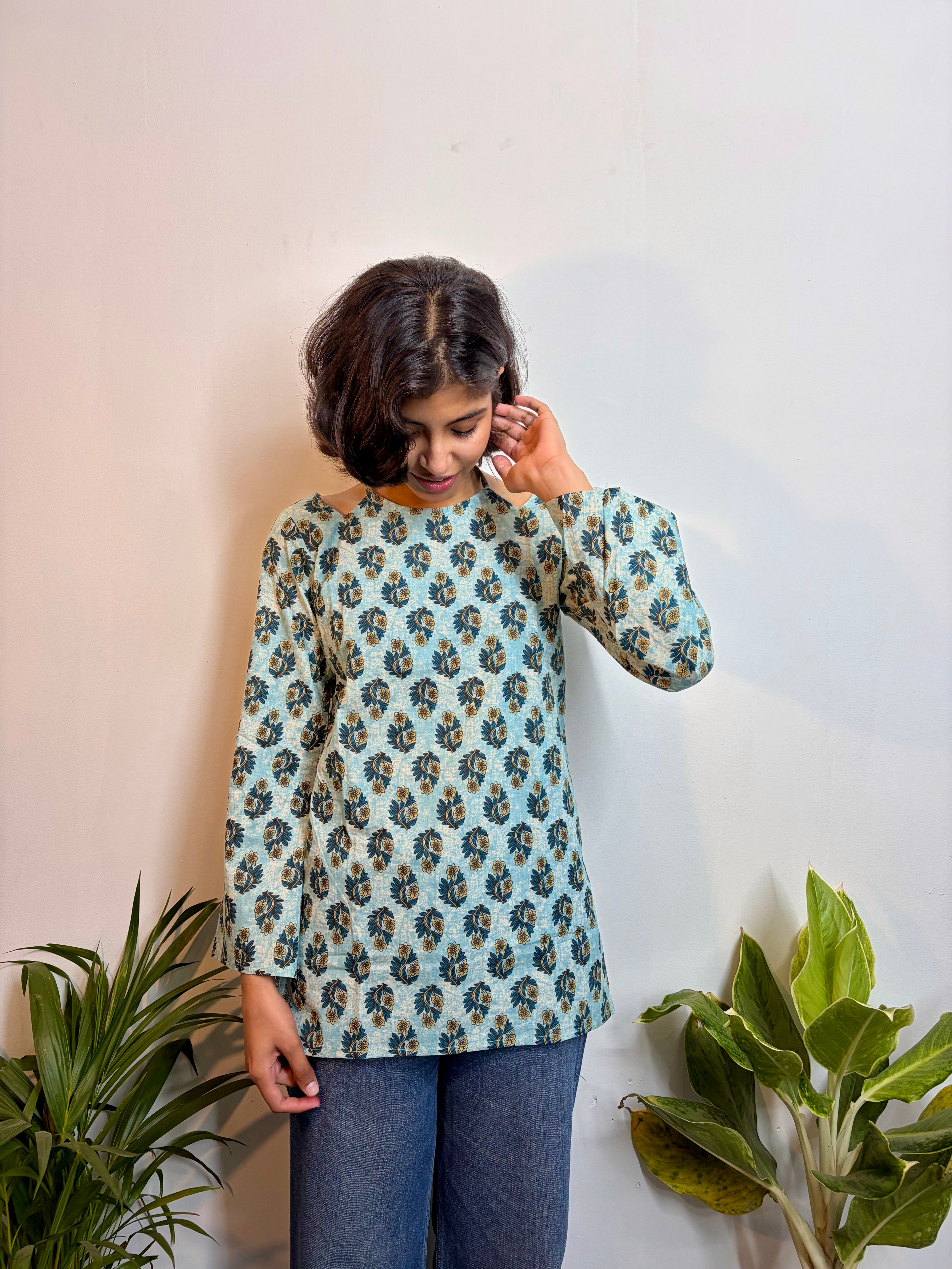 Elegant Sky Blue Floral Handblock Printed Pure Cotton Kurti
