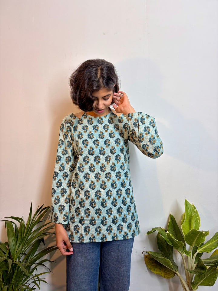 Elegant Sky Blue Floral Handblock Printed Pure Cotton Kurti
