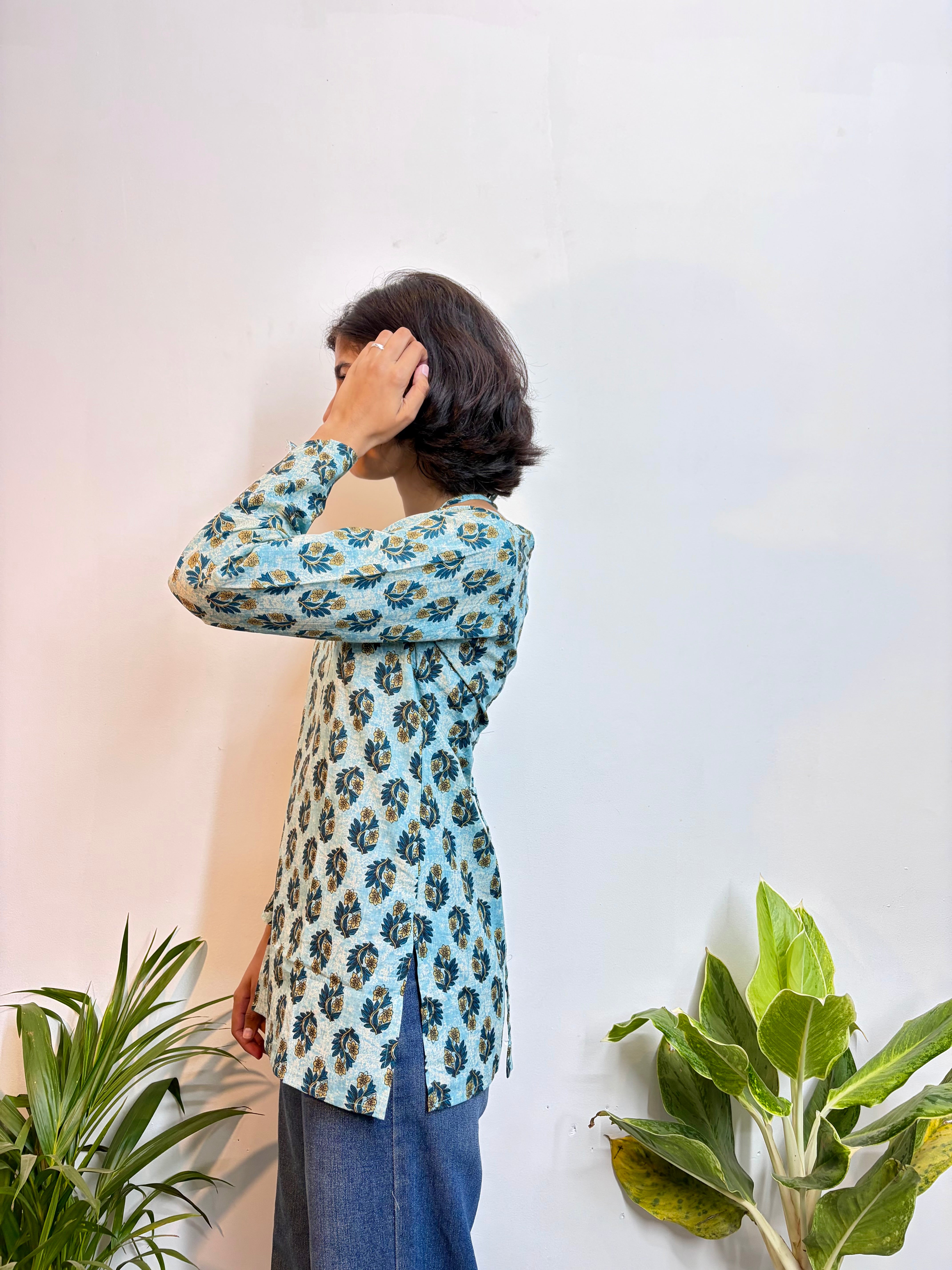 Elegant Sky Blue Floral Handblock Printed Pure Cotton Kurti