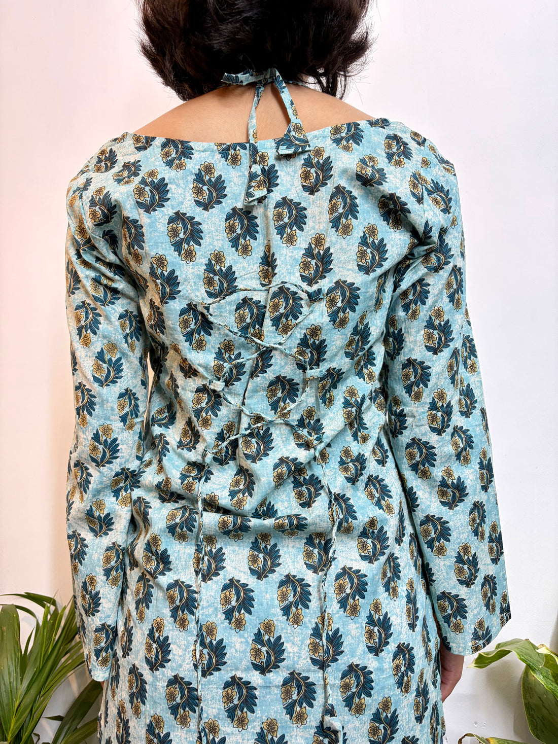 Elegant Sky Blue Floral Handblock Printed Pure Cotton Kurti