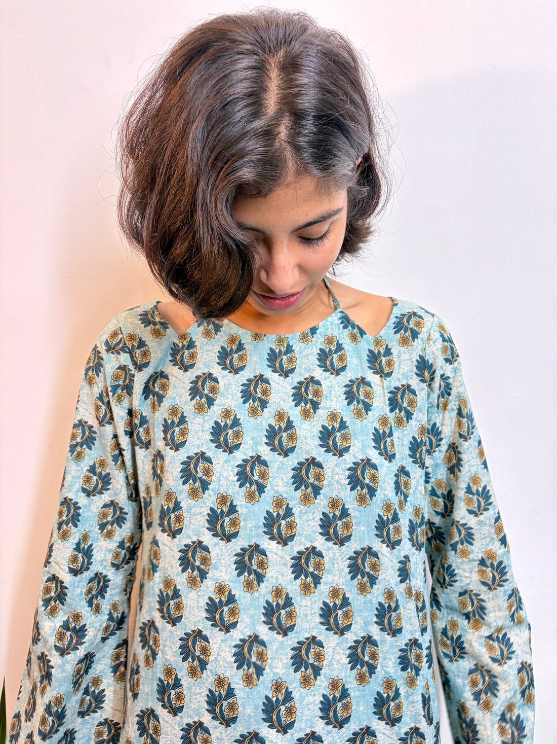 Elegant Sky Blue Floral Handblock Printed Pure Cotton Kurti