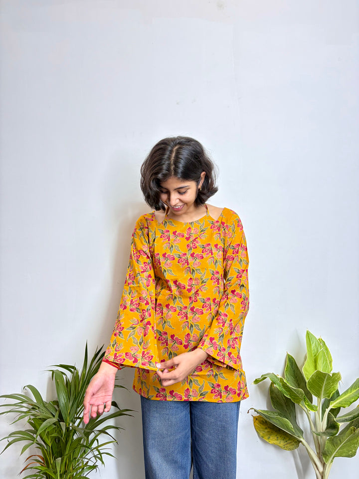 Mustard Yellow floral Sun-shine Pure Cotton Kurti