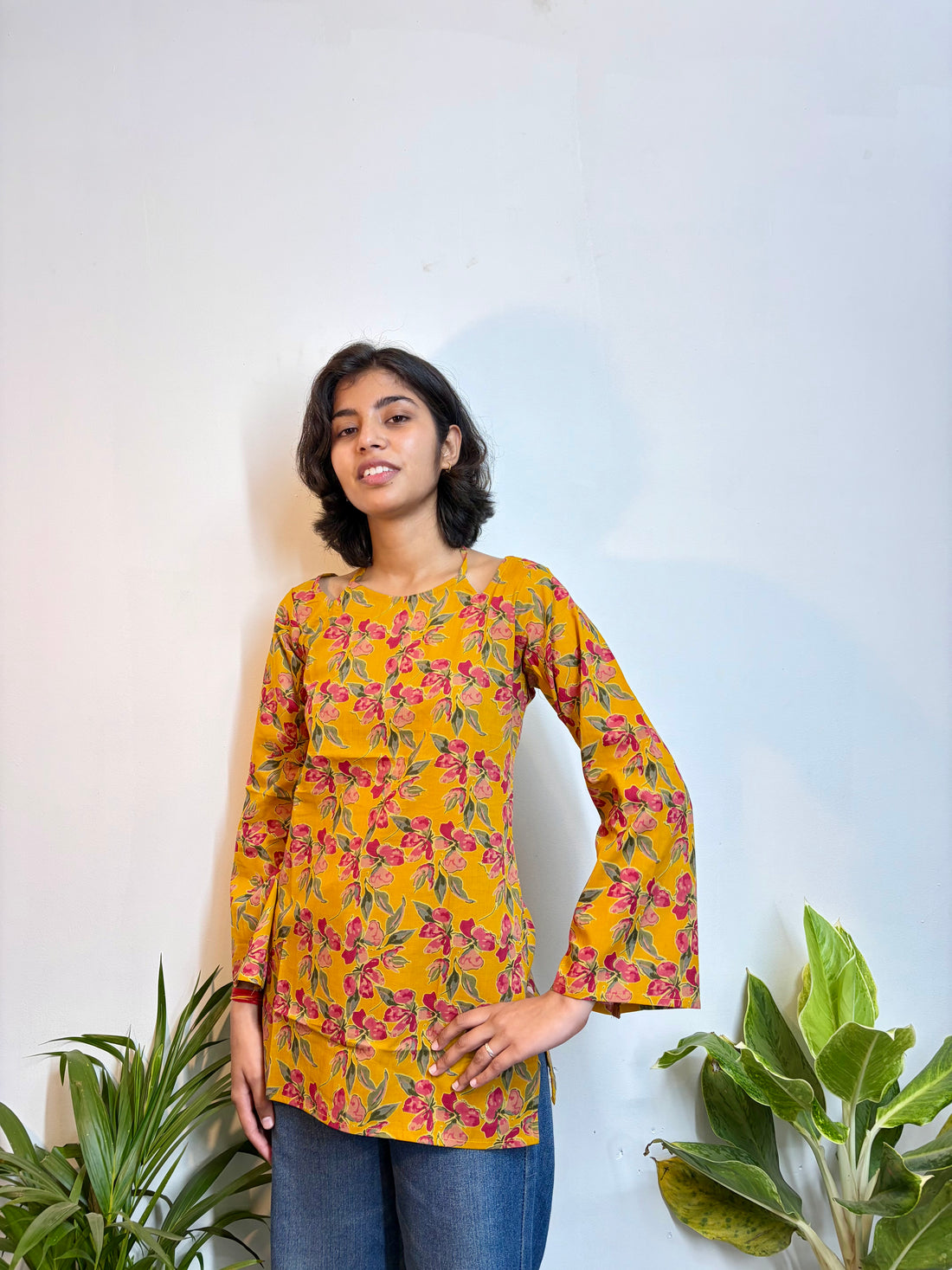 Mustard Yellow floral Sun-shine Pure Cotton Kurti