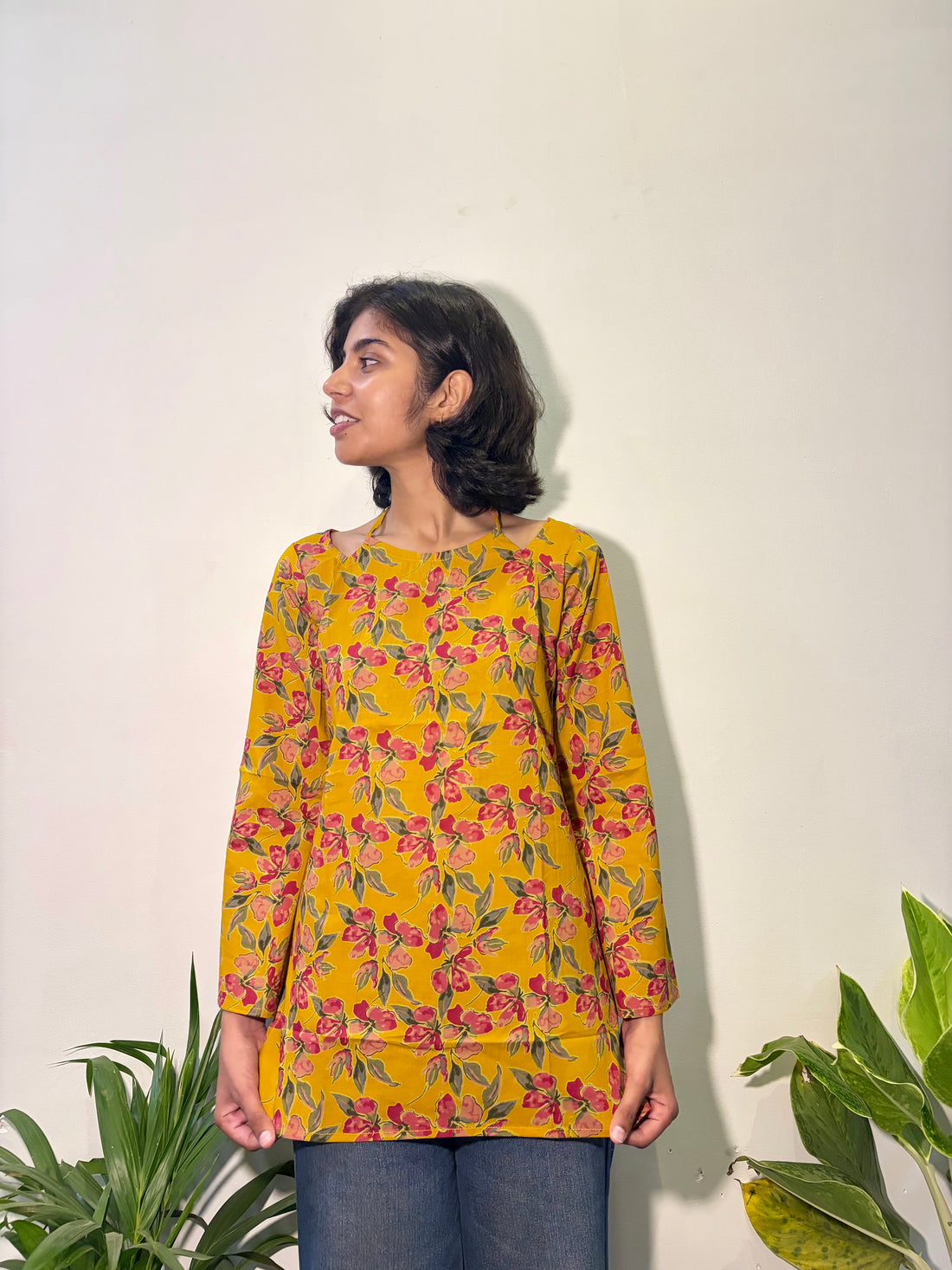 Mustard Yellow floral Sun-shine Pure Cotton Kurti