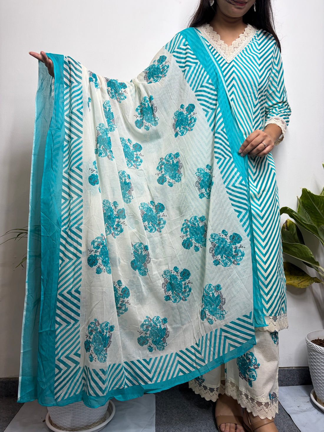 Teal Blue Leheriya Printed White Embroidery Suit Set