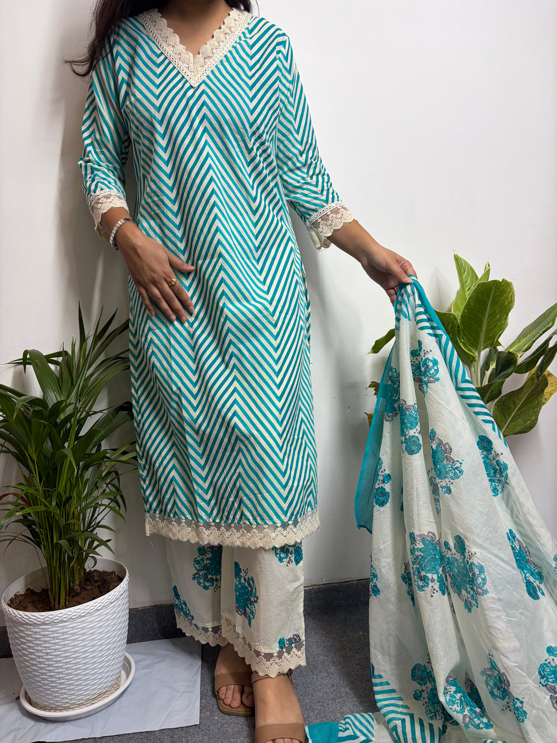 Teal Blue Leheriya Printed White Embroidery Suit Set