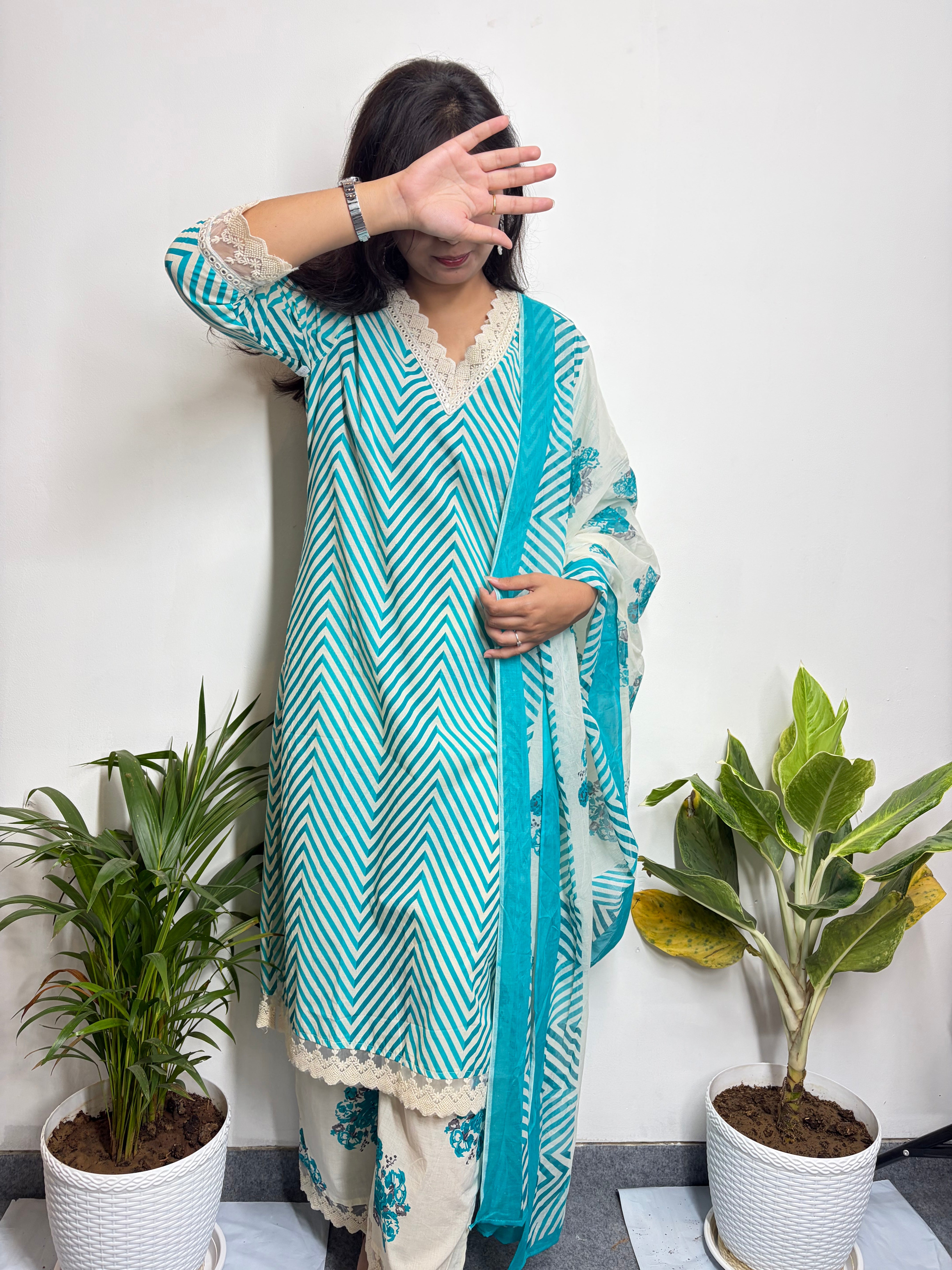 Teal Blue Leheriya Printed White Embroidery Suit Set