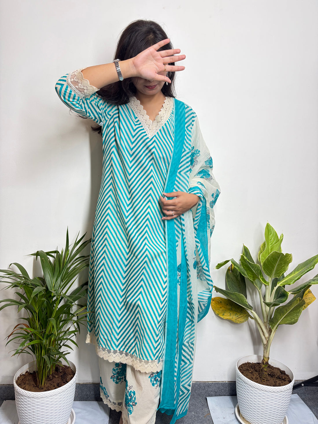 Teal Blue Leheriya Printed White Embroidery Suit Set