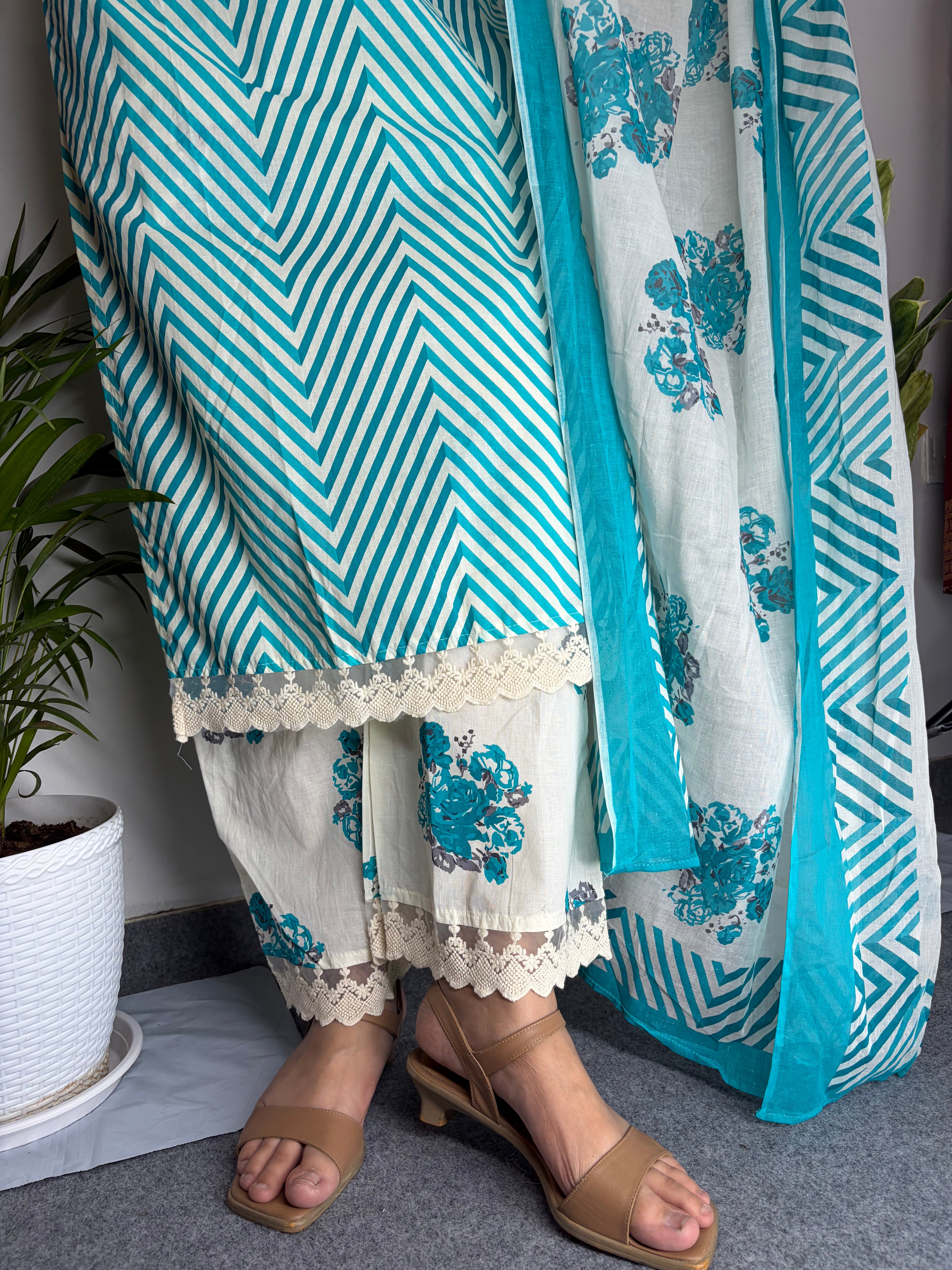 Teal Blue Leheriya Printed White Embroidery Suit Set